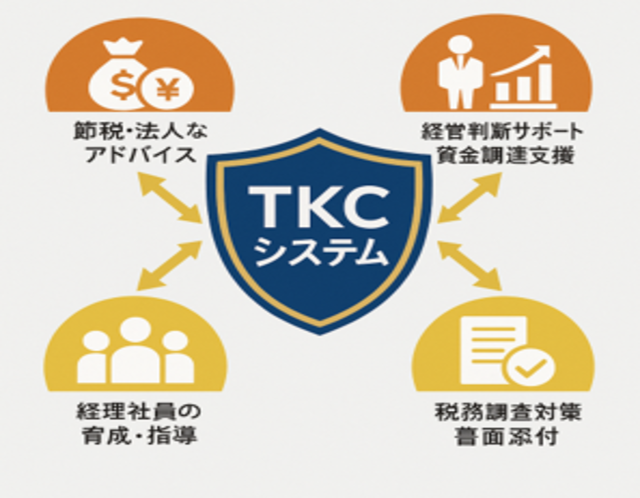 TKCシステムを軸にした経営判断・資金調達・経理社員育成・税務面の支援のイメージ